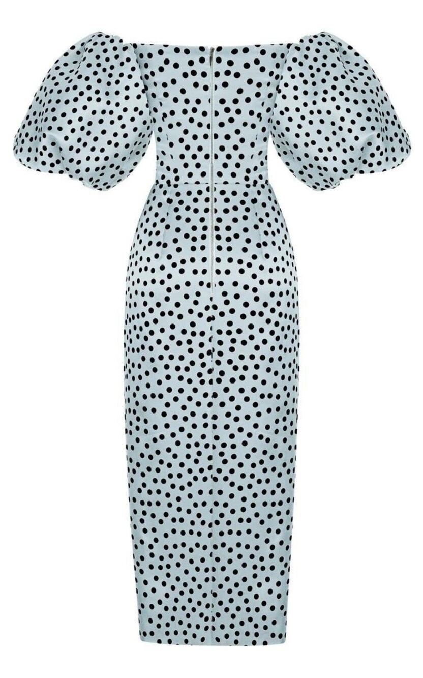 RASARIO Polka Dot Silk Organza Off-Shoulder Midi Wedding Guest Dress IT 44